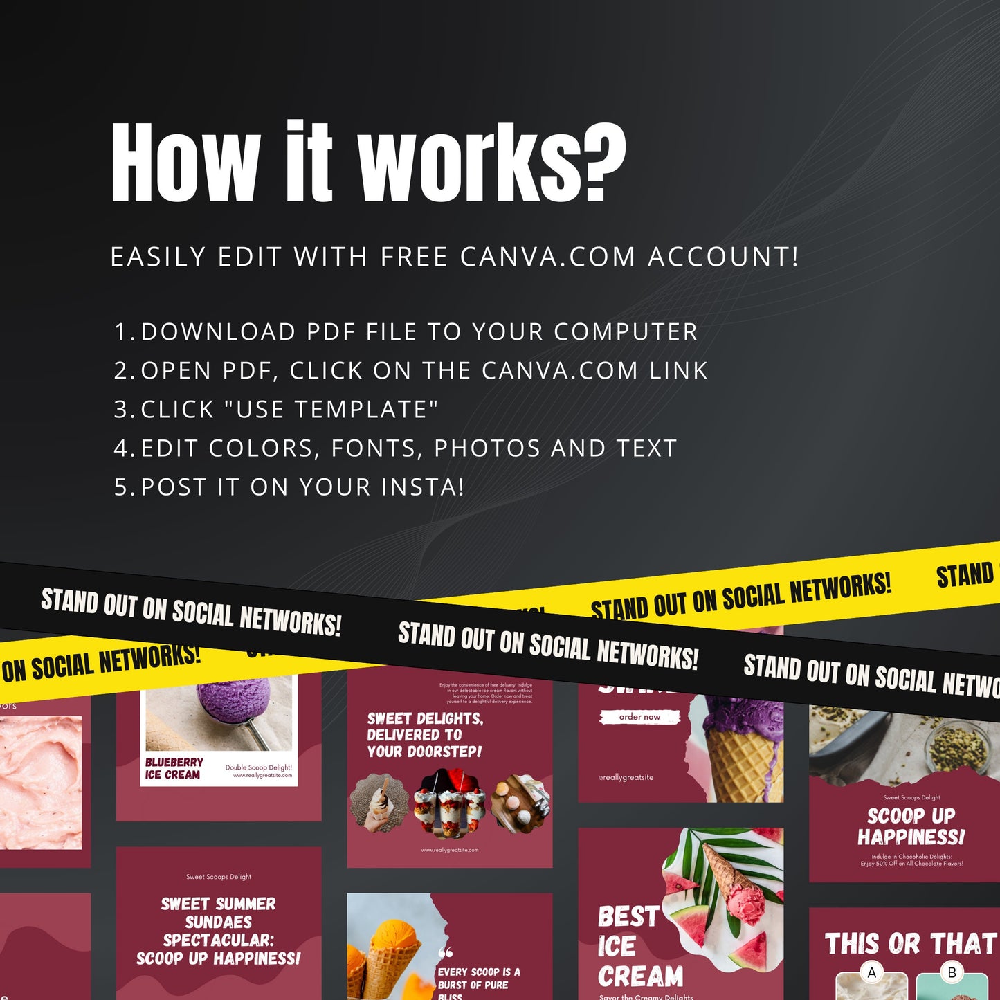 Ice Cream Shop Canva Templates | Editable Instagram Posts for Dessert & Gelato Businesses