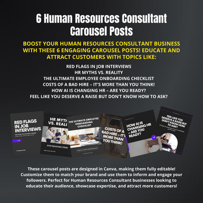 Promotional graphic for human resources consultant carousel posts with text and images of posts.