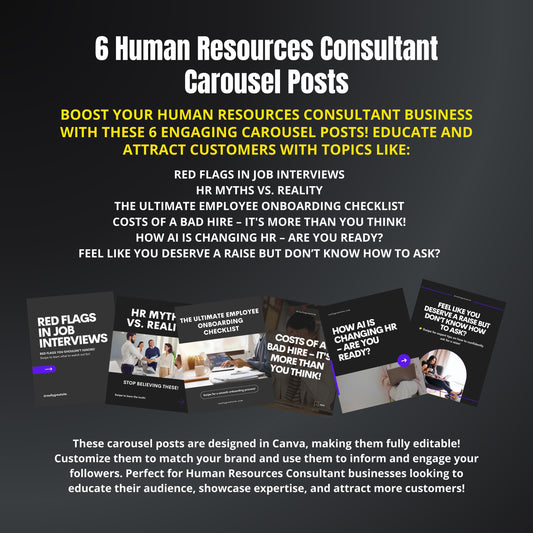 Promotional graphic for human resources consultant carousel posts with text and images of posts.