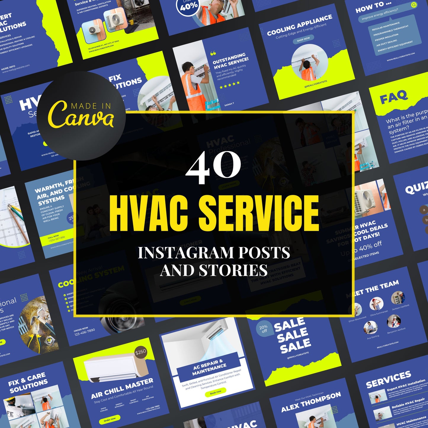 Collection of HVAC service Instagram posts and stories with 'Made in Canva' branding.