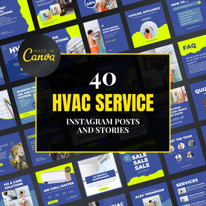 Collection of HVAC service Instagram posts and stories with 'Made in Canva' branding.