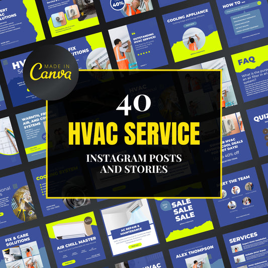Collection of HVAC service Instagram posts and stories with 'Made in Canva' branding.
