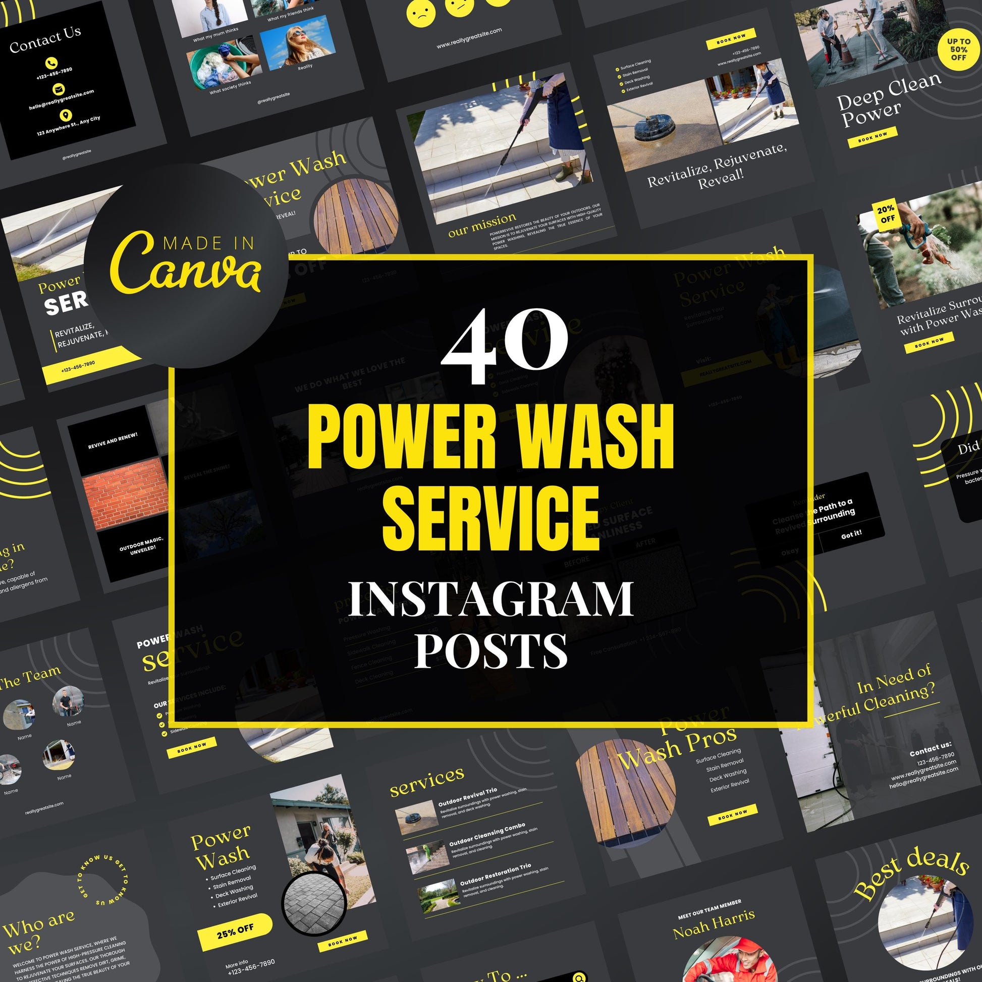 Collection of Power Wash Service Instagram posts with Canva branding.