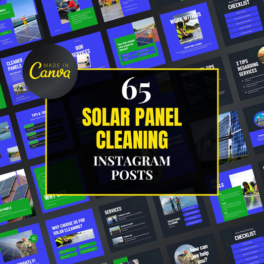 Promotional graphic for 65 solar panel cleaning Instagram posts by Canva.