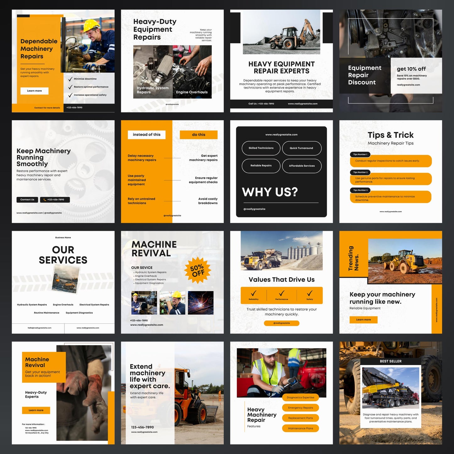 Heavy Machinery Repair Canva Templates | Editable Instagram Posts for Equipment & Industrial Services