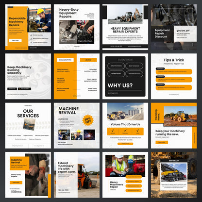 Heavy Machinery Repair Canva Templates | Editable Instagram Posts for Equipment & Industrial Services