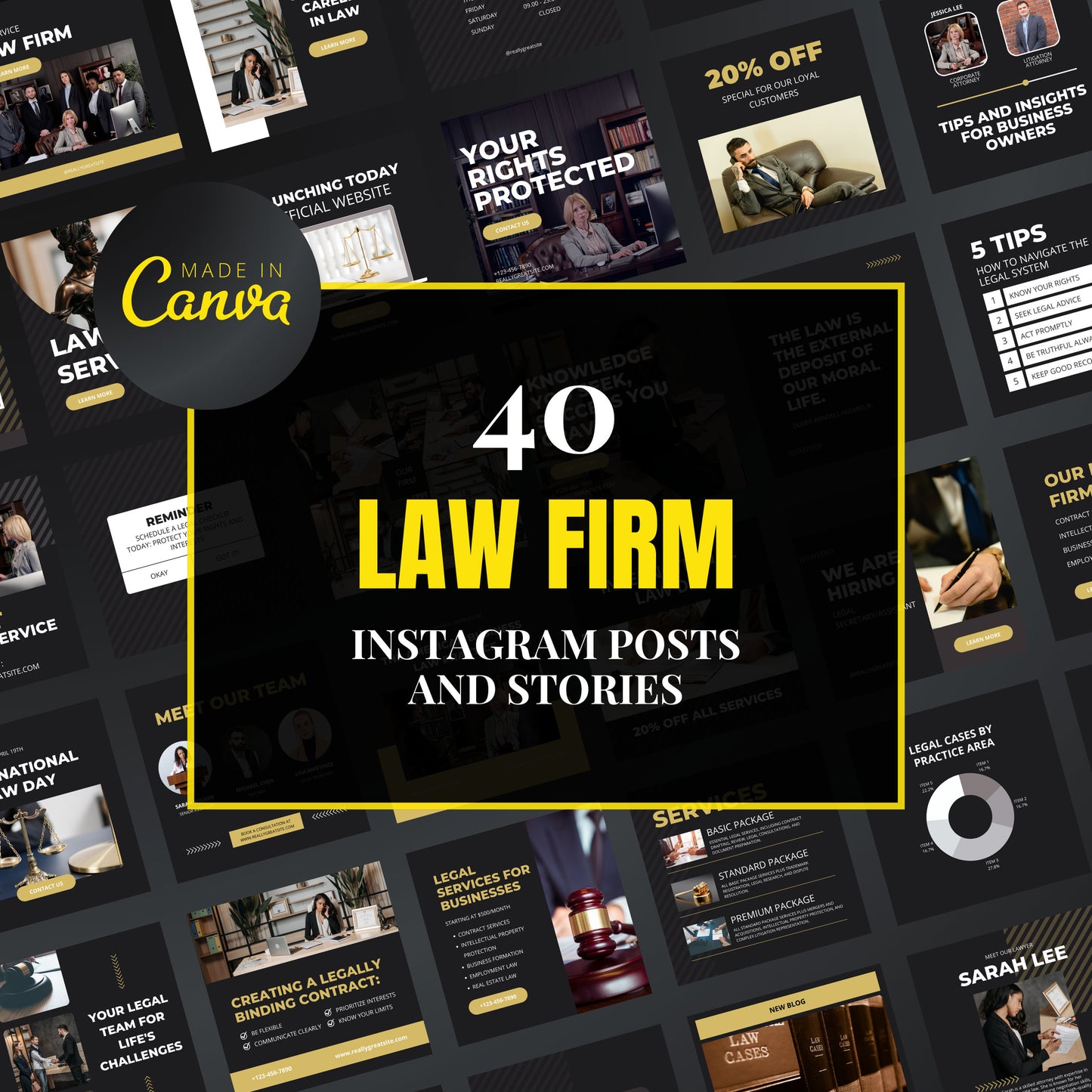 Collection of law firm Instagram posts and stories with 'Made in Canva' branding.