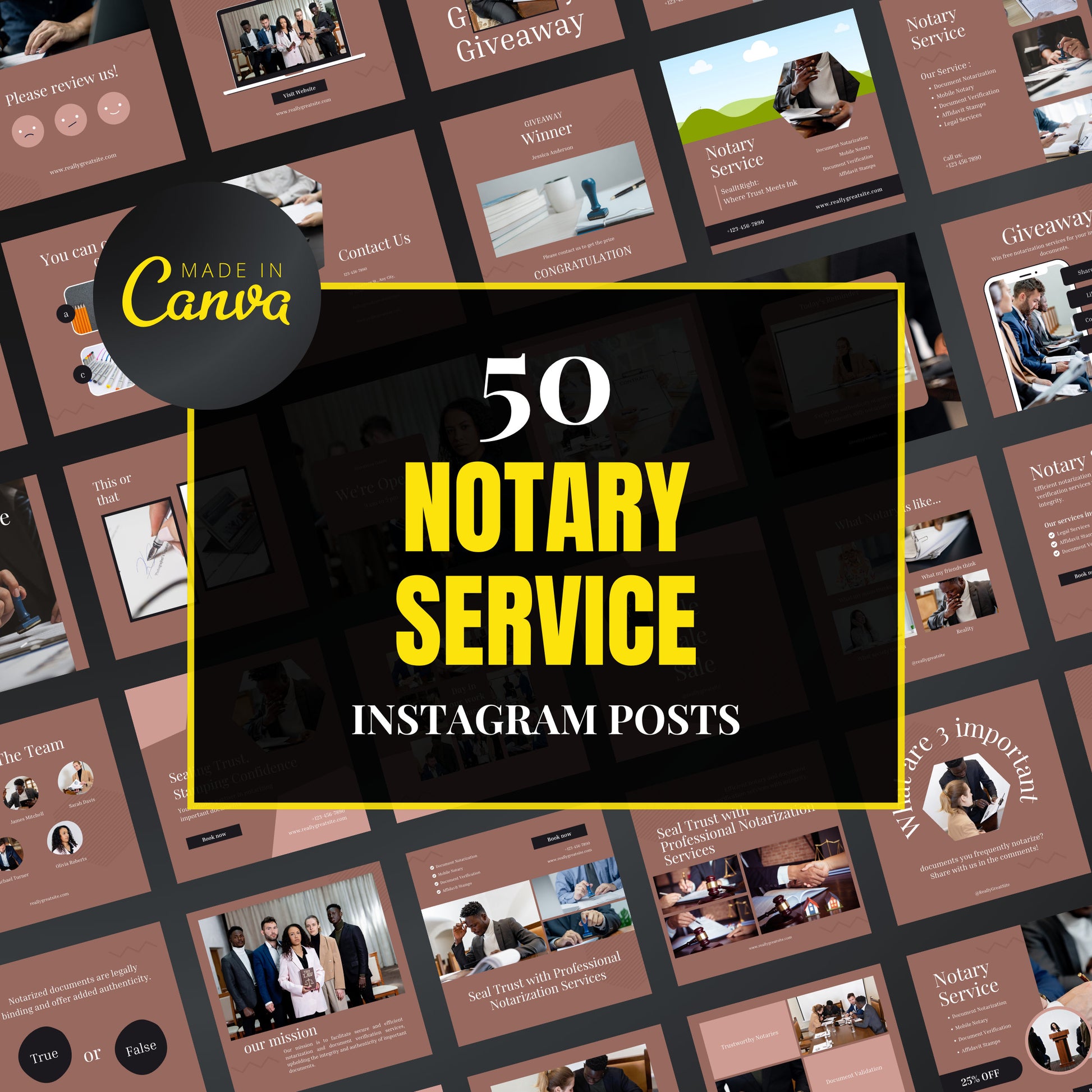 Collection of notary service Instagram posts with 'Made in Canva' branding.