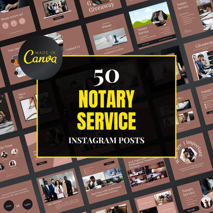Collection of notary service Instagram posts with 'Made in Canva' branding.