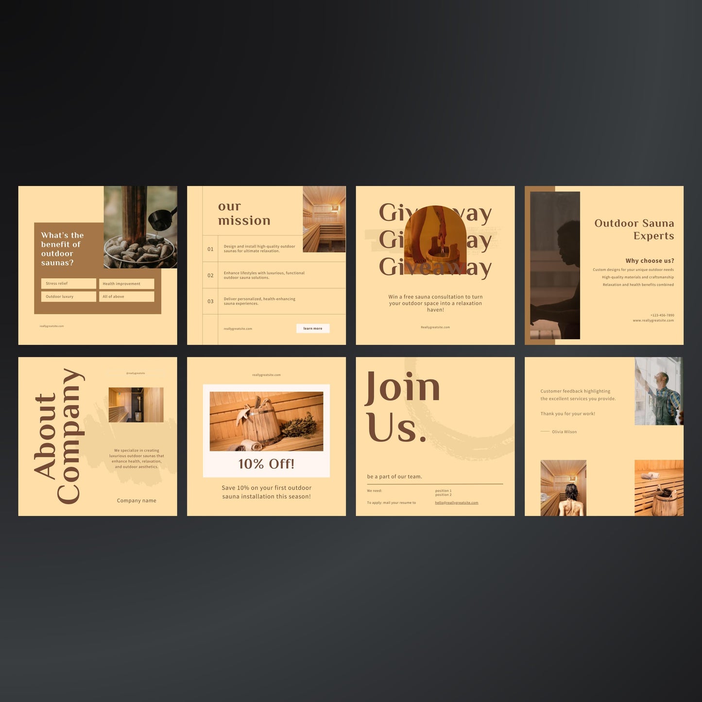 Outdoor Sauna Installation Canva Templates | Editable Instagram Posts for Sauna Services