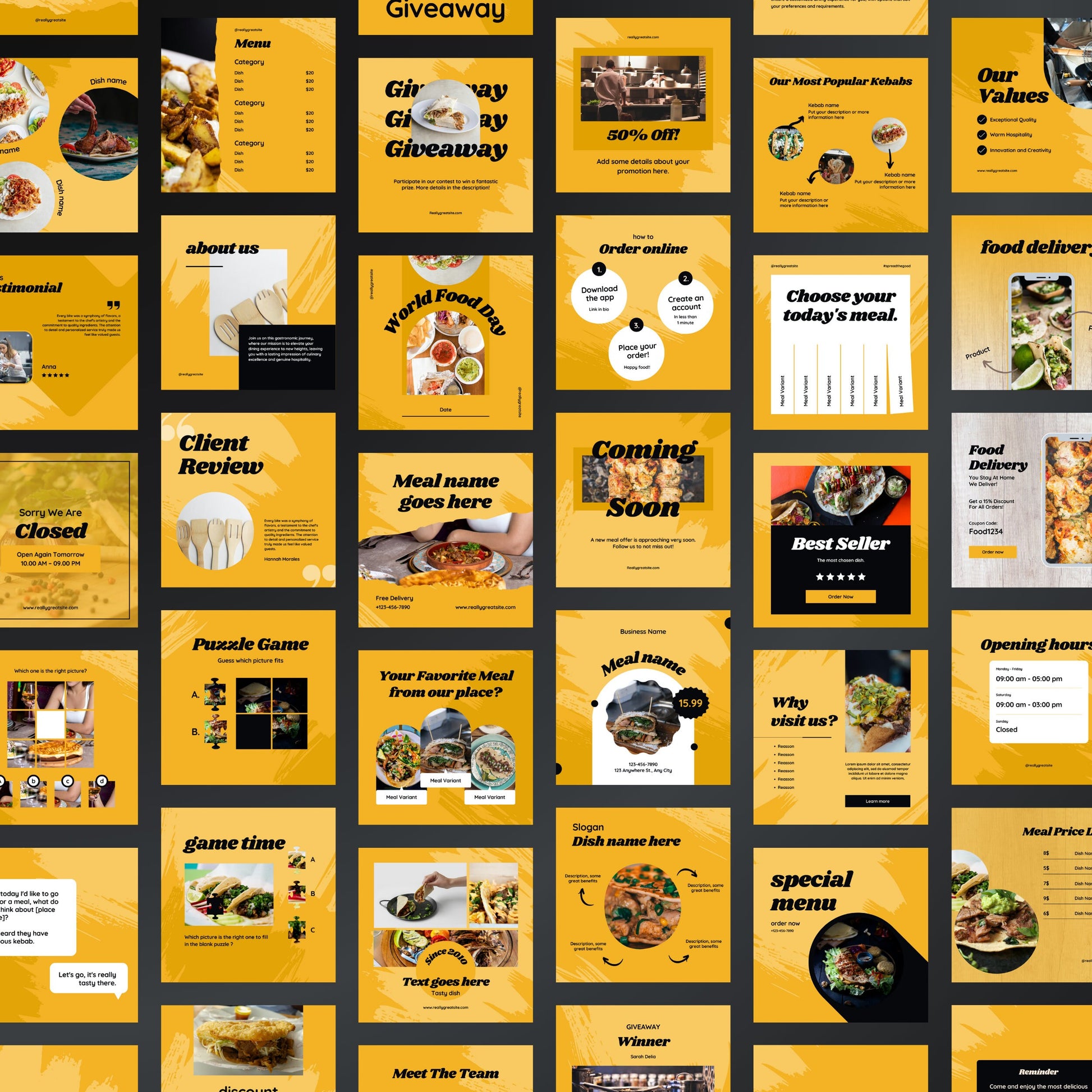 Collection of yellow and black promotional posters for a food delivery service.