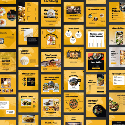 Collection of yellow and black promotional posters for a food delivery service.