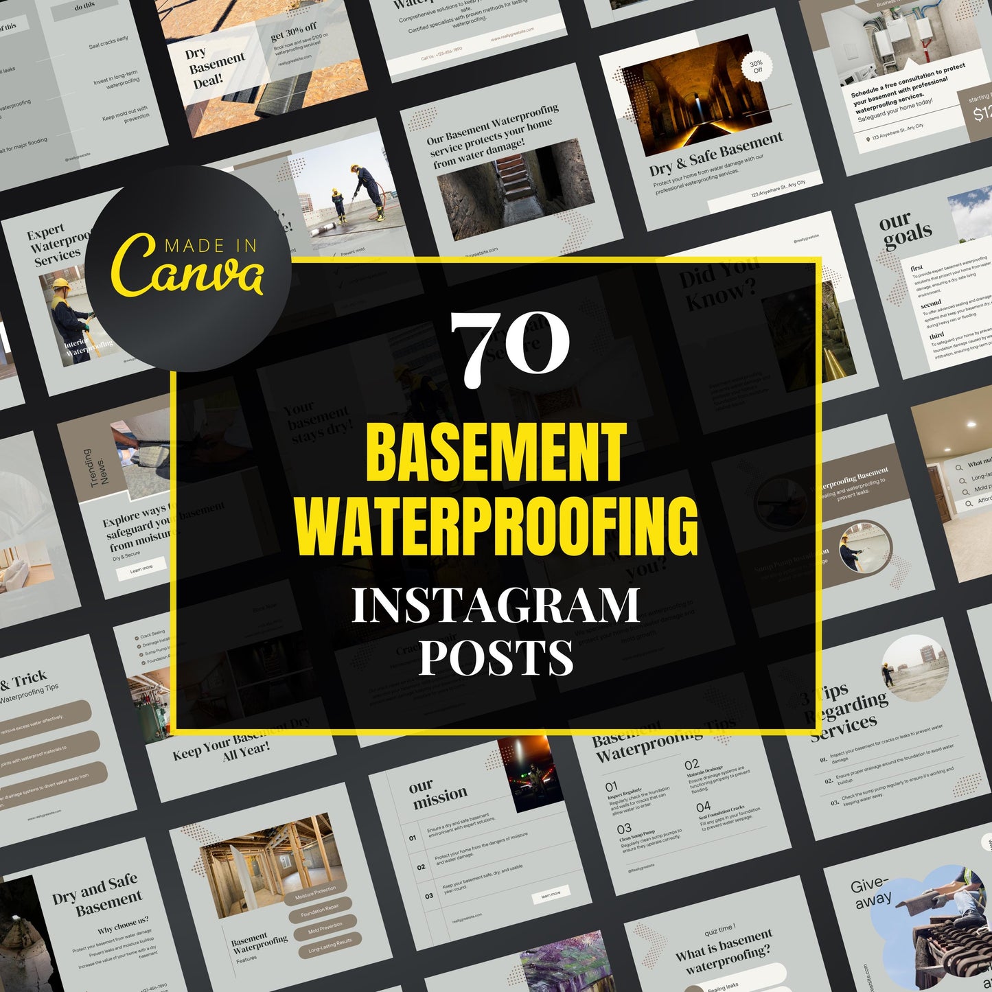 Collection of basement waterproofing Instagram posts with 'Made in Canva' branding.
