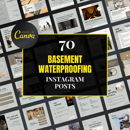 Collection of basement waterproofing Instagram posts with 'Made in Canva' branding.