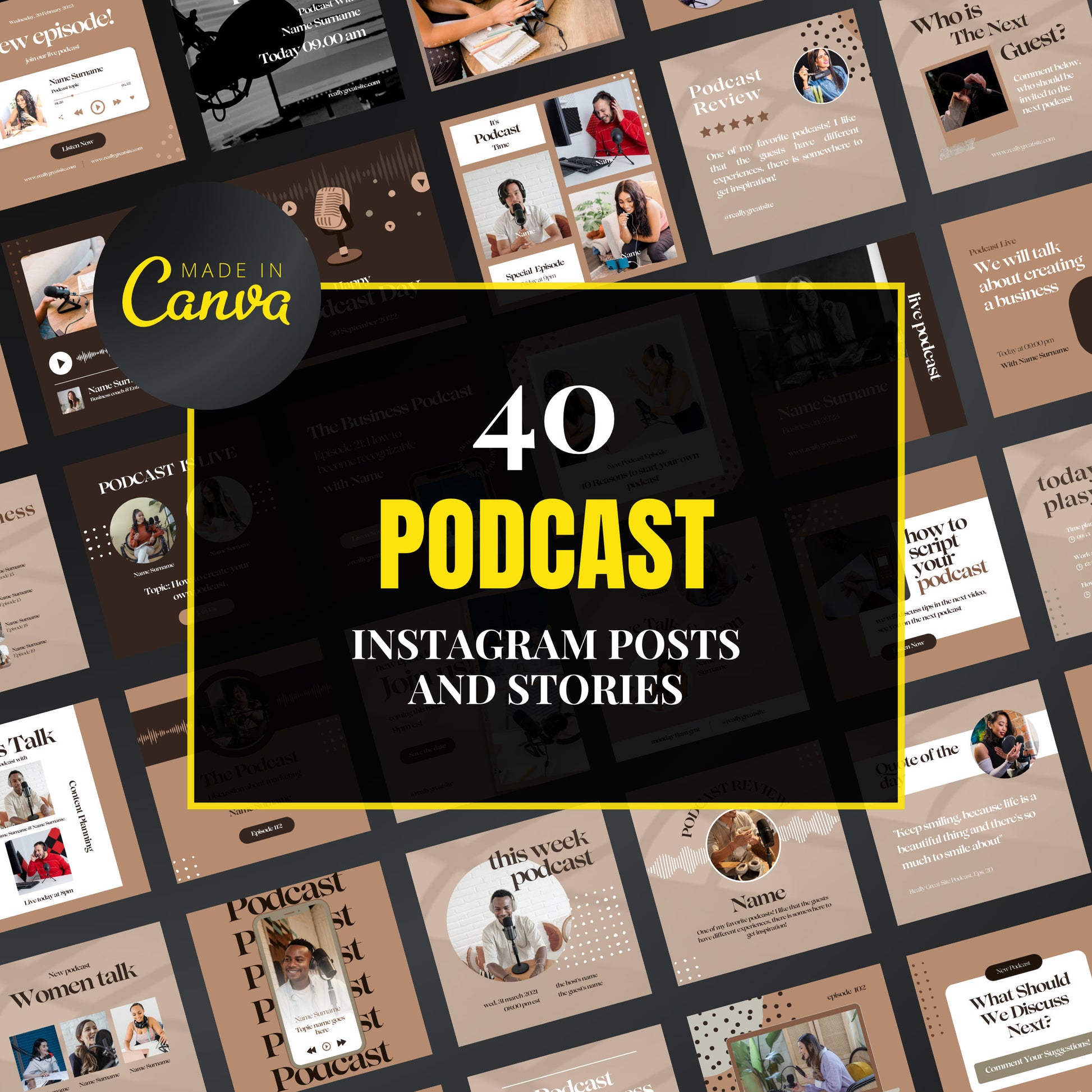 Collection of podcast-themed Instagram posts and stories with 'Made in Canva' branding.
