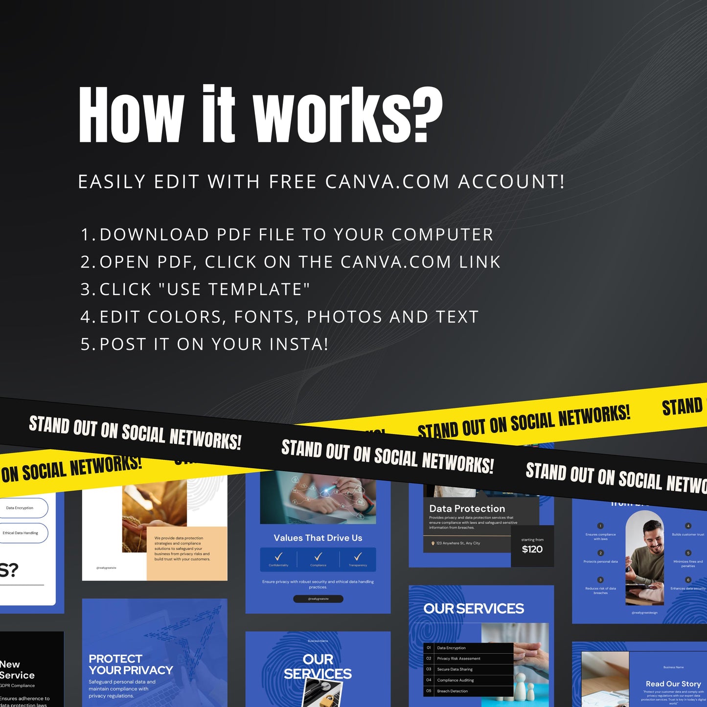 Data Protection Canva Templates | Editable Instagram Posts for Privacy & Cybersecurity Businesses