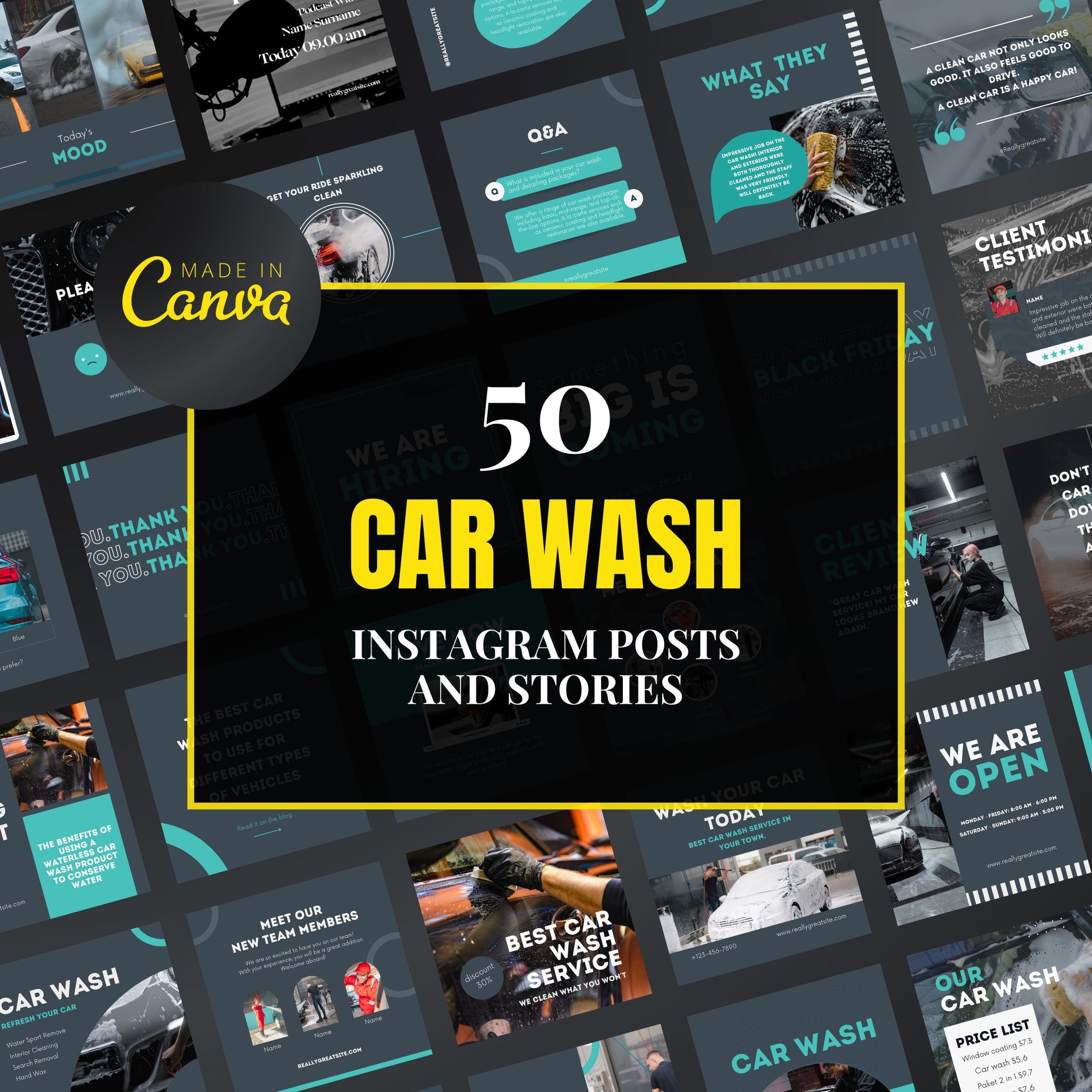 Promotional graphic for 50 car wash Instagram posts and stories by Made in Canva.
