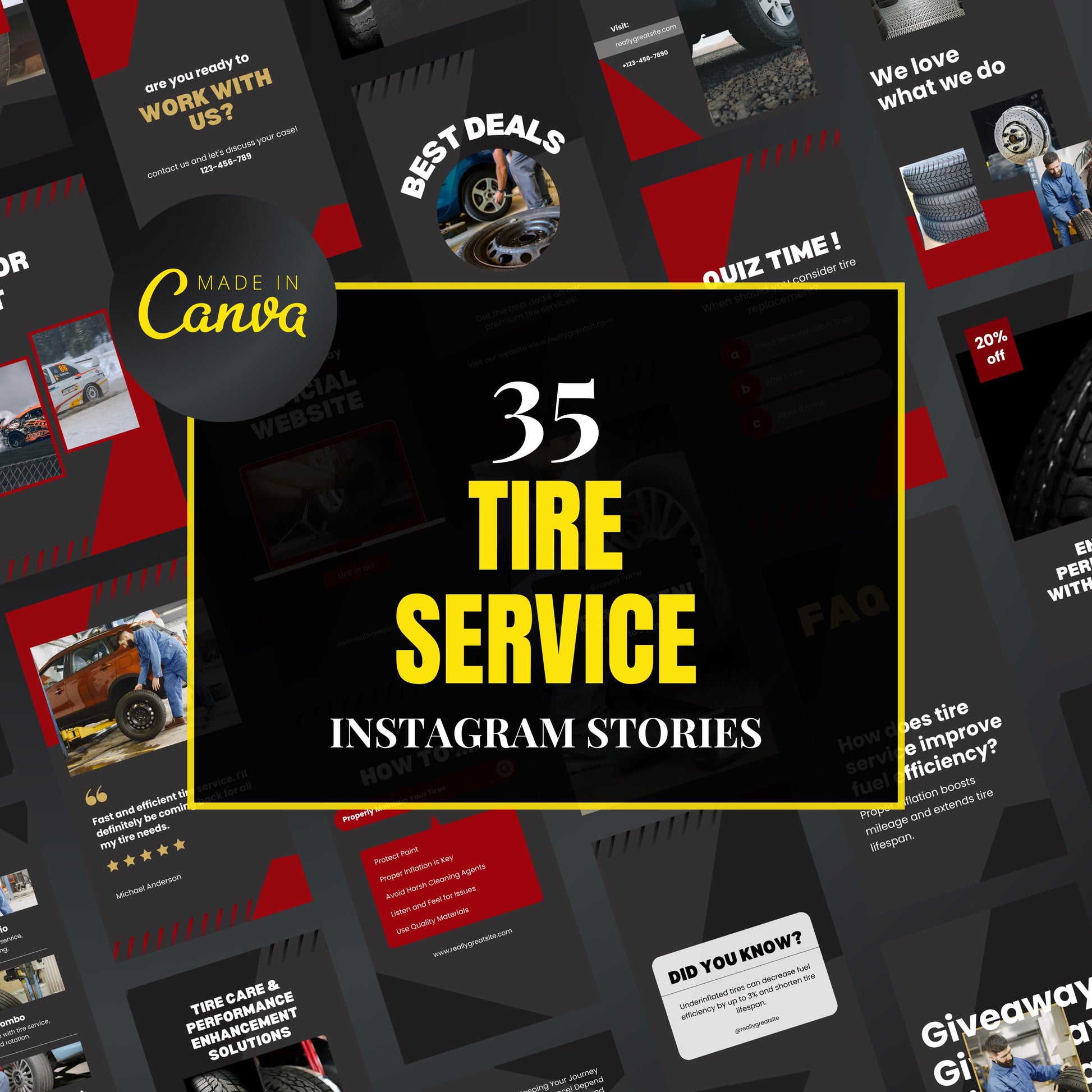 Collection of tire service Instagram stories with 'Made in Canva' branding.