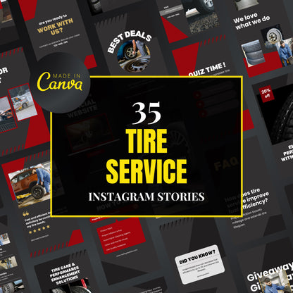 Collection of tire service Instagram stories with 'Made in Canva' branding.