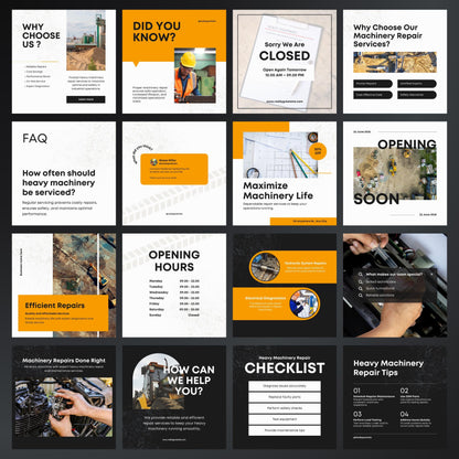 Heavy Machinery Repair Canva Templates | Editable Instagram Posts for Equipment & Industrial Services