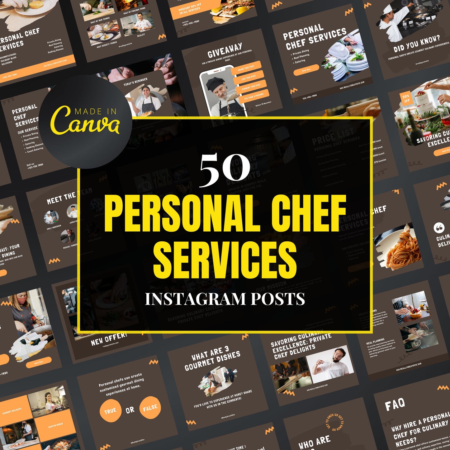 Collection of personal chef services Instagram posts with 'Made in Canva' branding.