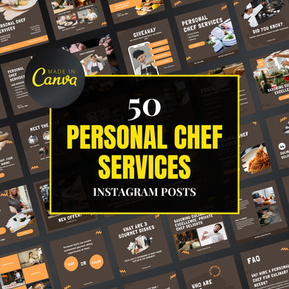 Collection of personal chef services Instagram posts with 'Made in Canva' branding.