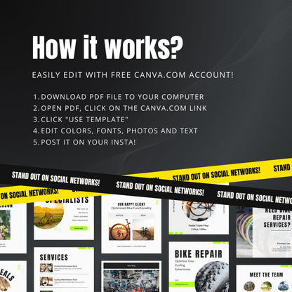 Bike Repair Canva Templates | Editable Instagram Posts for Bicycle Shops & Maintenance Services