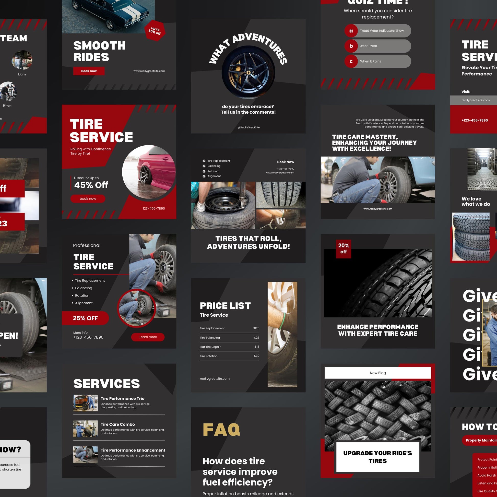 Collection of tire service promotional graphics with various elements on a dark background