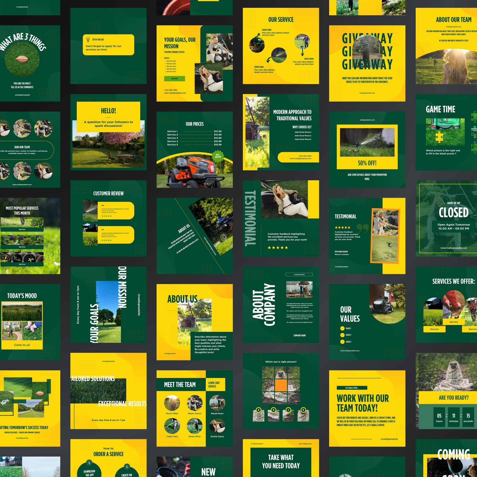 Collage of green and yellow promotional materials with text and images on a dark background