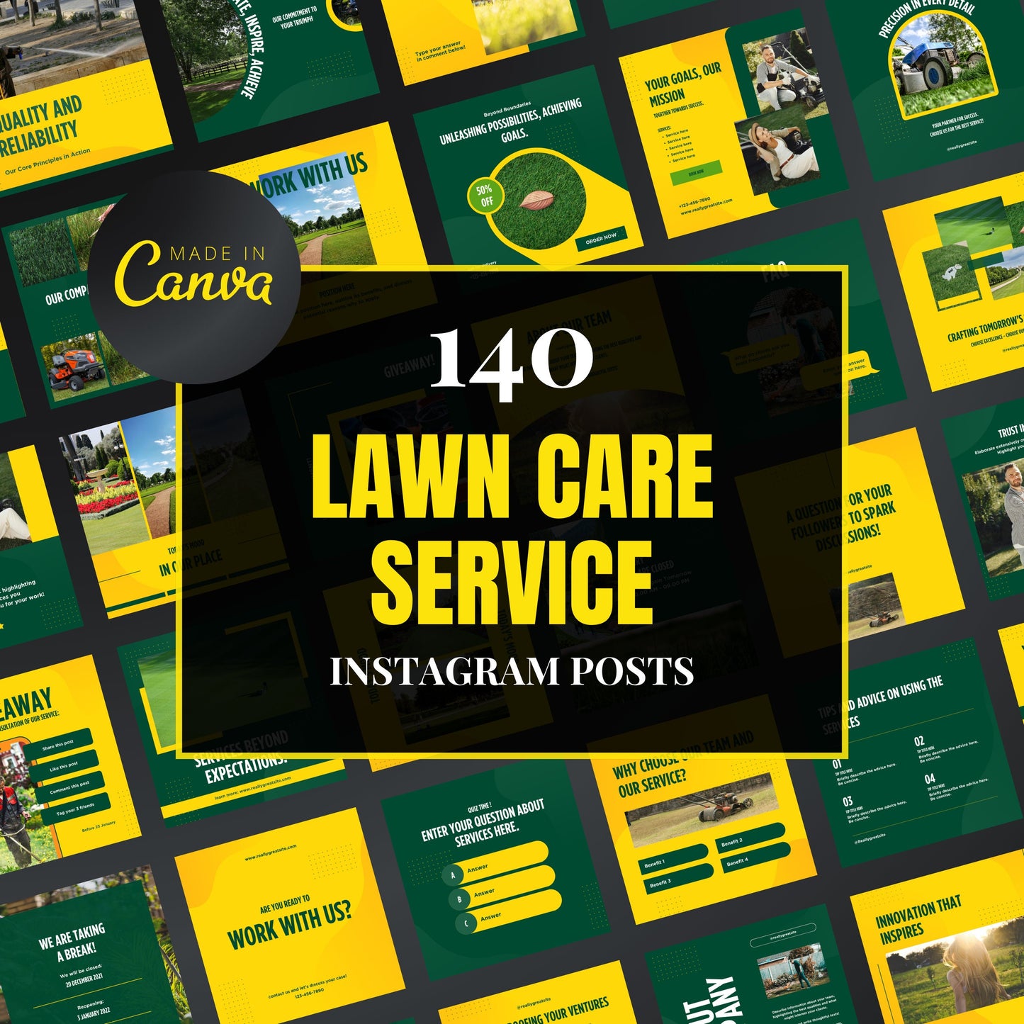 Collection of lawn care service promotional materials with 'Made in Canva' branding.