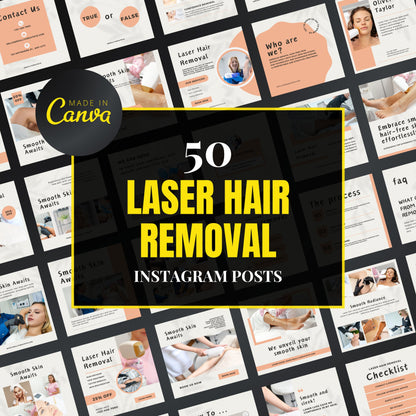 Collection of laser hair removal Instagram posts with 'Made in Canva' branding.
