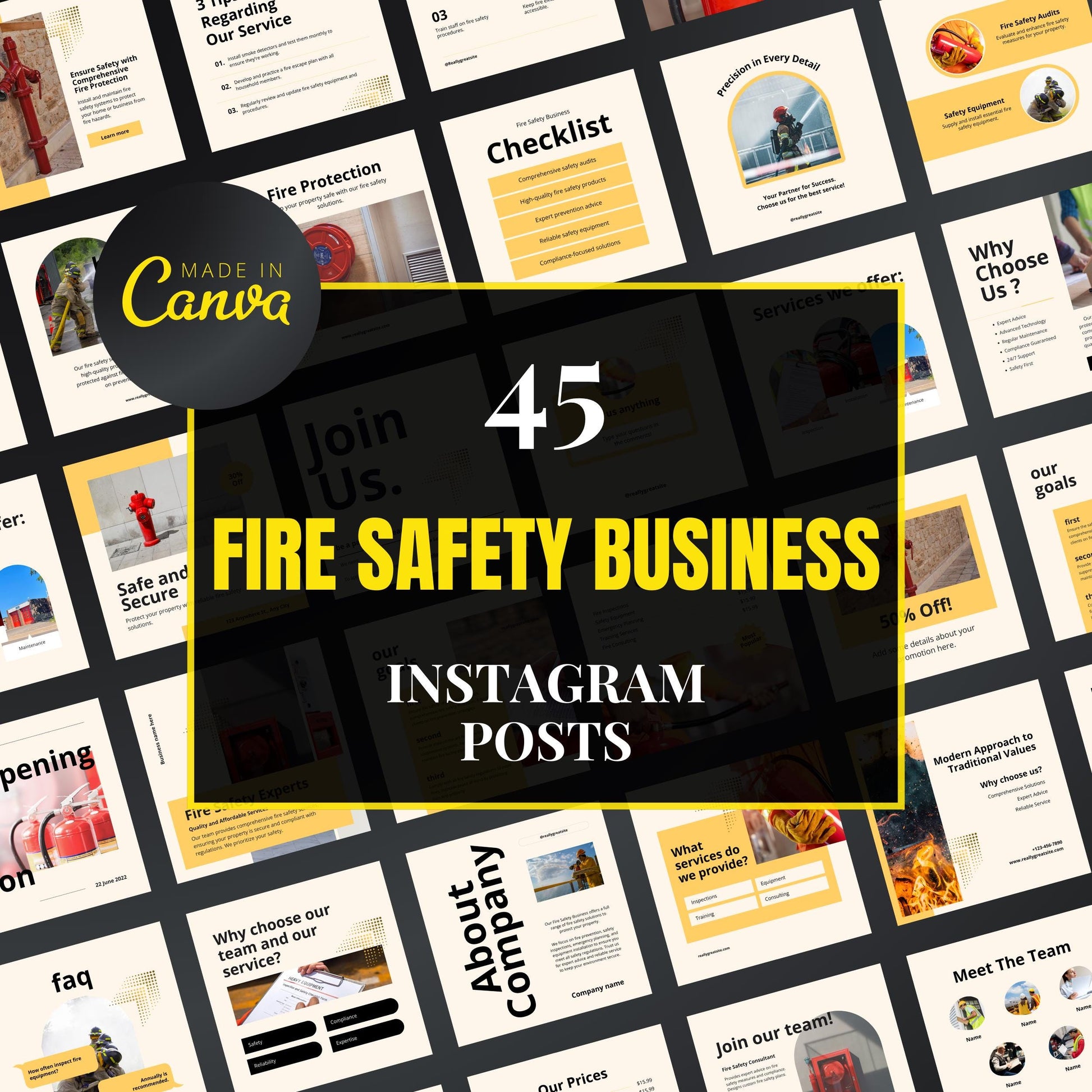 Collection of fire safety business Instagram post templates with 'Made in Canva' logo.