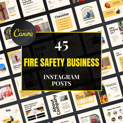 Collection of fire safety business Instagram post templates with 'Made in Canva' logo.