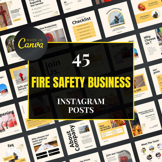 Collection of fire safety business Instagram post templates with 'Made in Canva' logo.