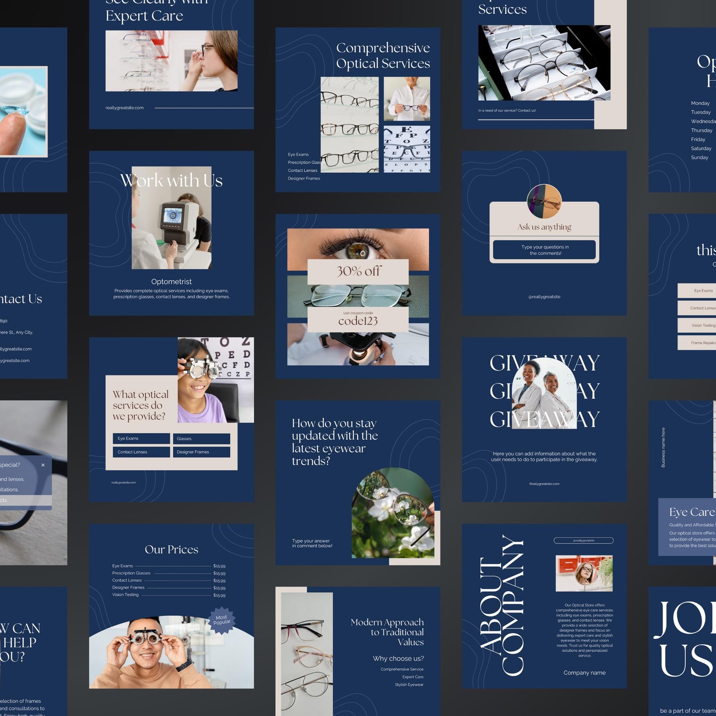 Optical Store Canva Templates | Editable Instagram Post Kit for Optometrists & Eyewear Shops