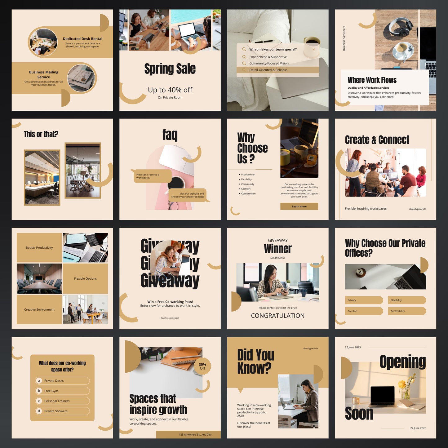 Co-working Space Canva Templates | Editable Instagram Post Kit for Shared Workspace Marketing