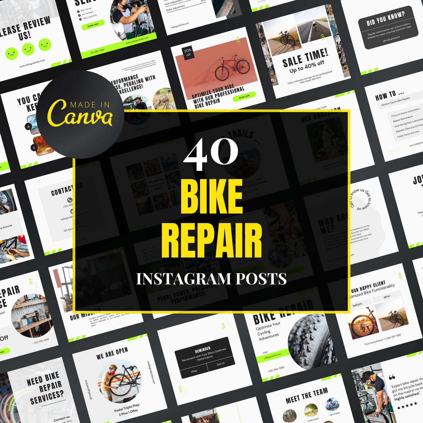 Collection of bike repair Instagram post templates with 'Made in Canva' logo.