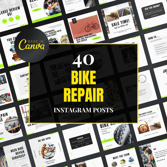 Collection of bike repair Instagram post templates with 'Made in Canva' logo.