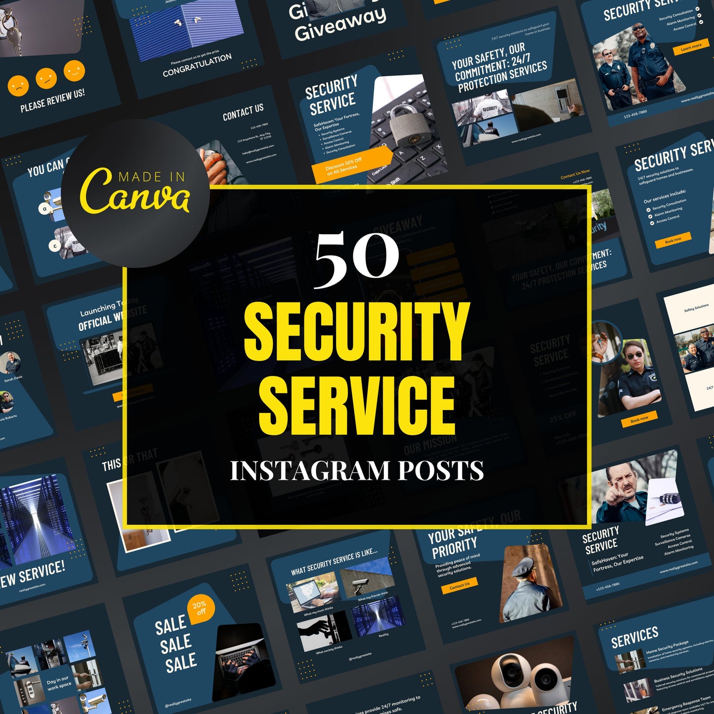 Collection of security service Instagram post templates with 'Made in Canva' branding.