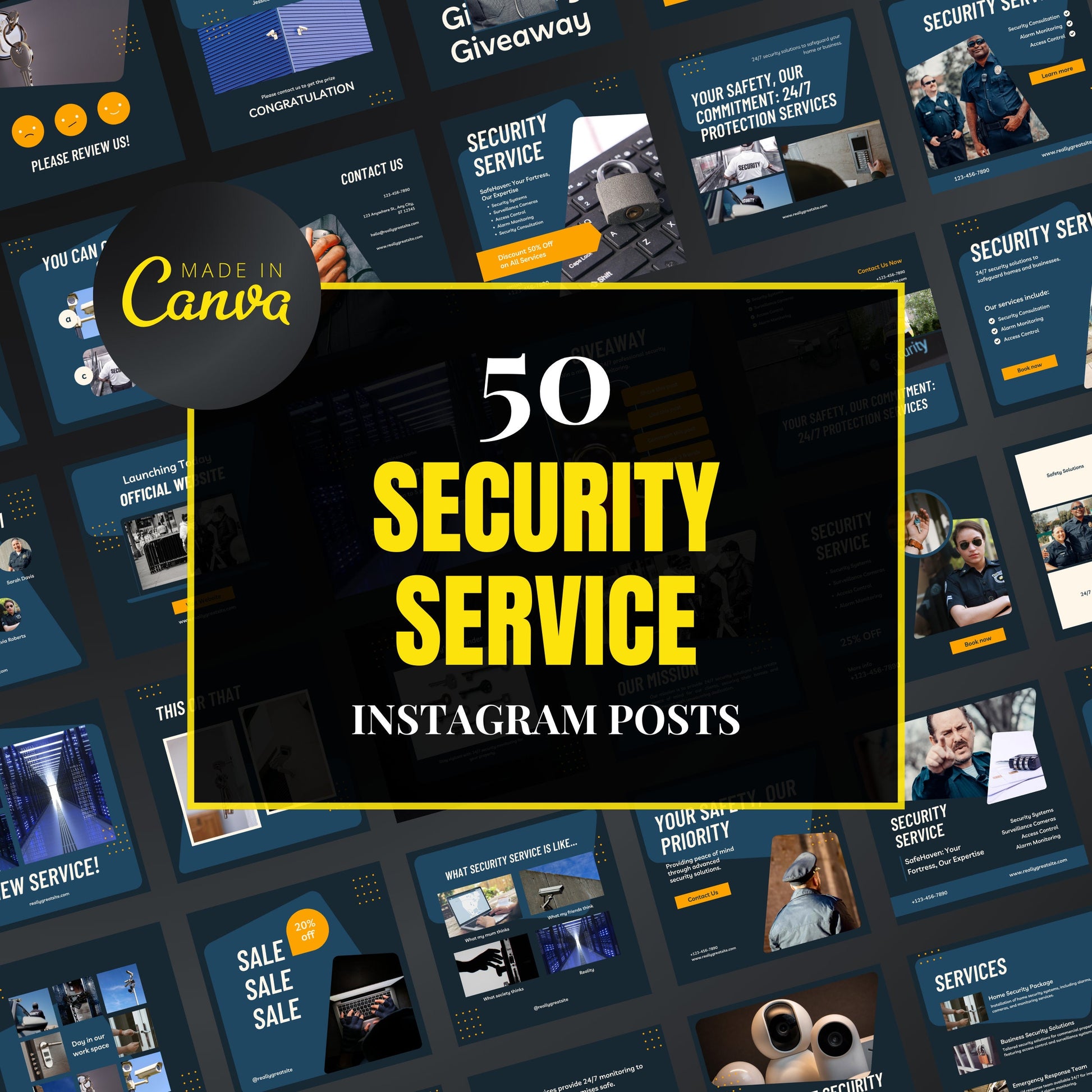 Collection of security service Instagram post templates with 'Made in Canva' branding.