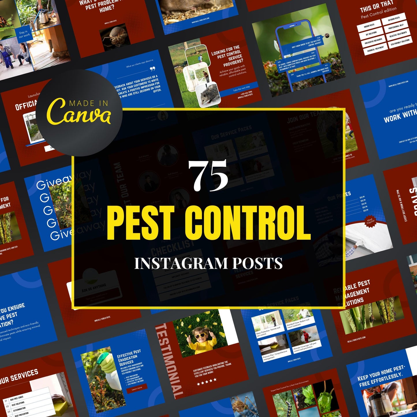 Collection of pest control Instagram post templates with 'Made in Canva' branding.