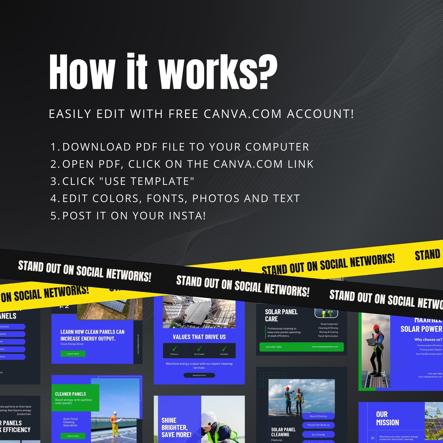 Solar Panel Cleaning Canva Templates | Editable Instagram Posts for Solar Maintenance Services
