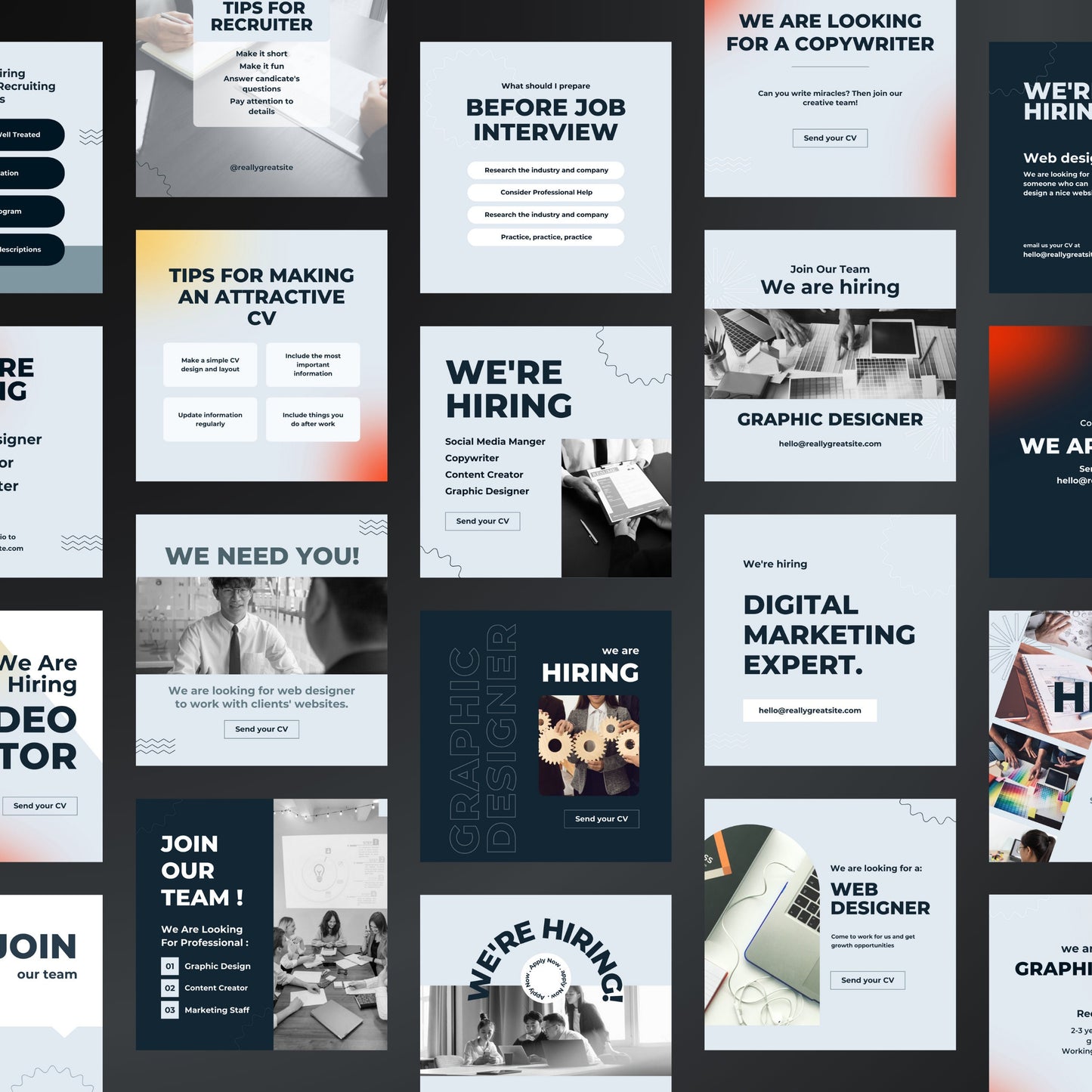 Collection of job advertisement posters on a grid layout.