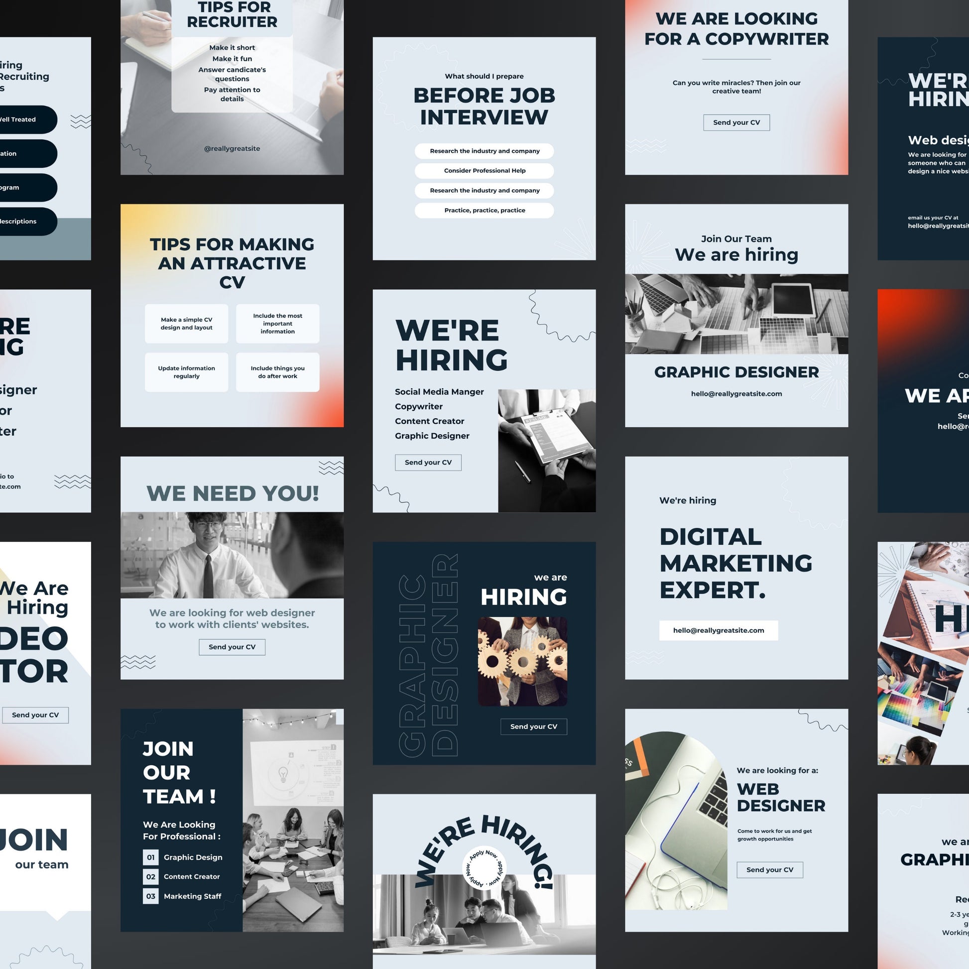 Collection of job advertisement posters on a grid layout.