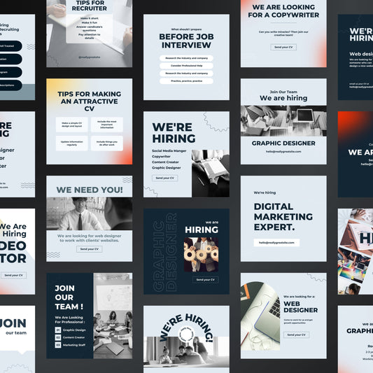 Collection of job advertisement posters on a grid layout.