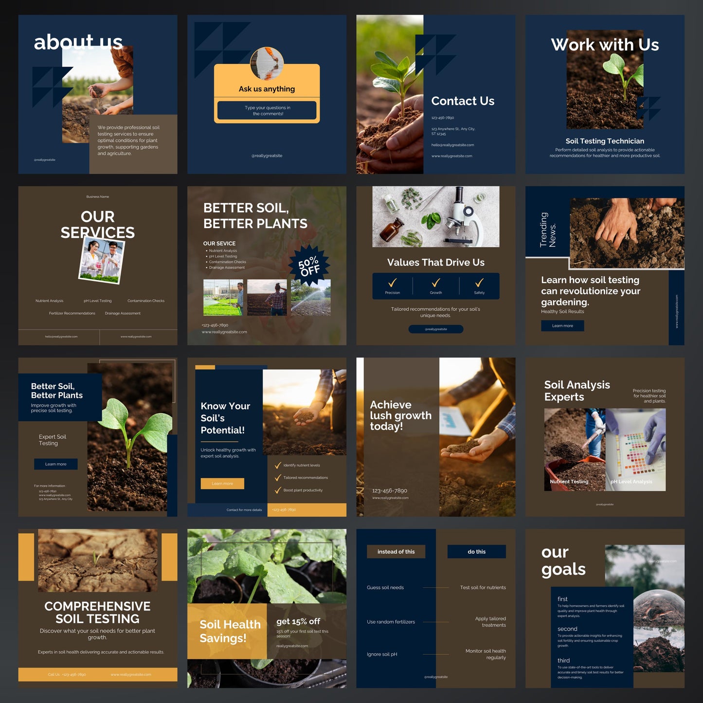 Soil Testing Service Canva Templates | Editable Instagram Posts for Soil Analysis & Agriculture