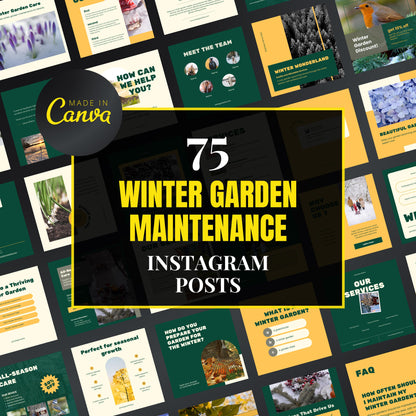 Collection of winter garden maintenance Instagram posts with 'Made in Canva' branding.