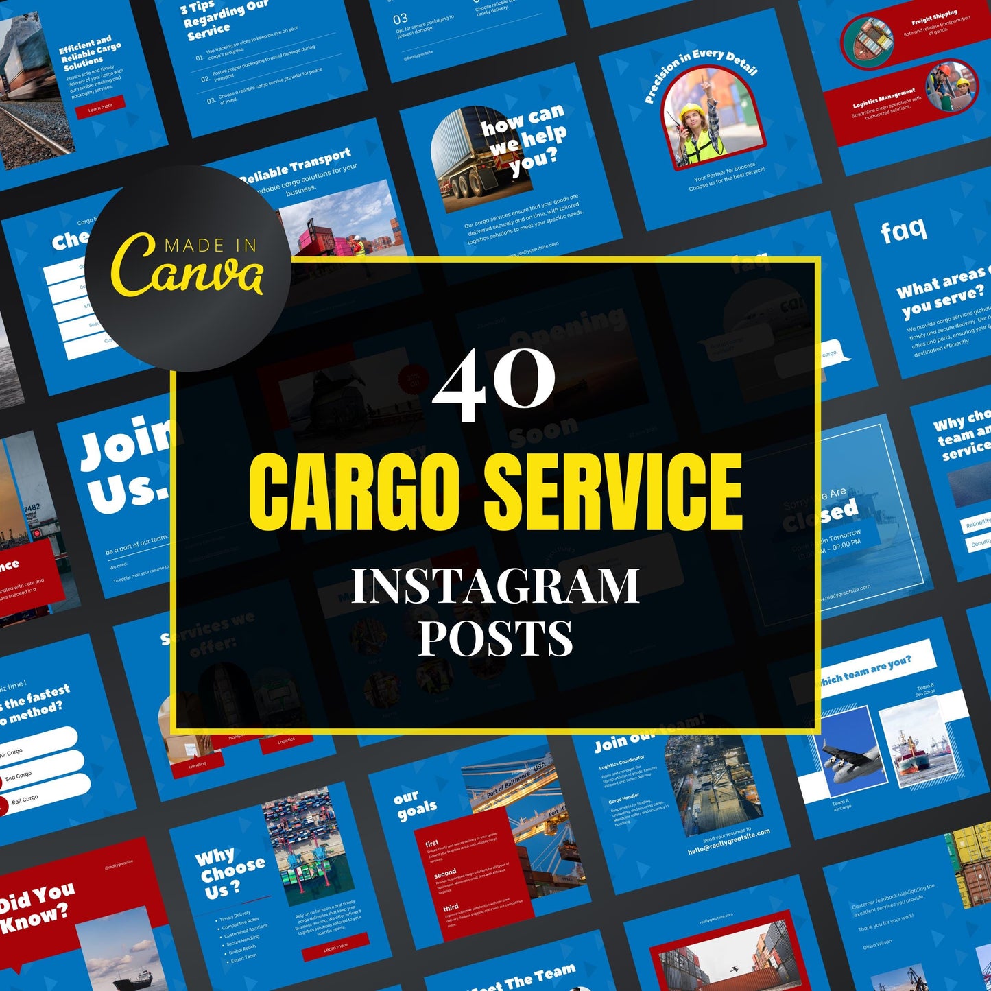 Promotional graphic for 40 cargo service Instagram posts with 'Made in Canva' branding.