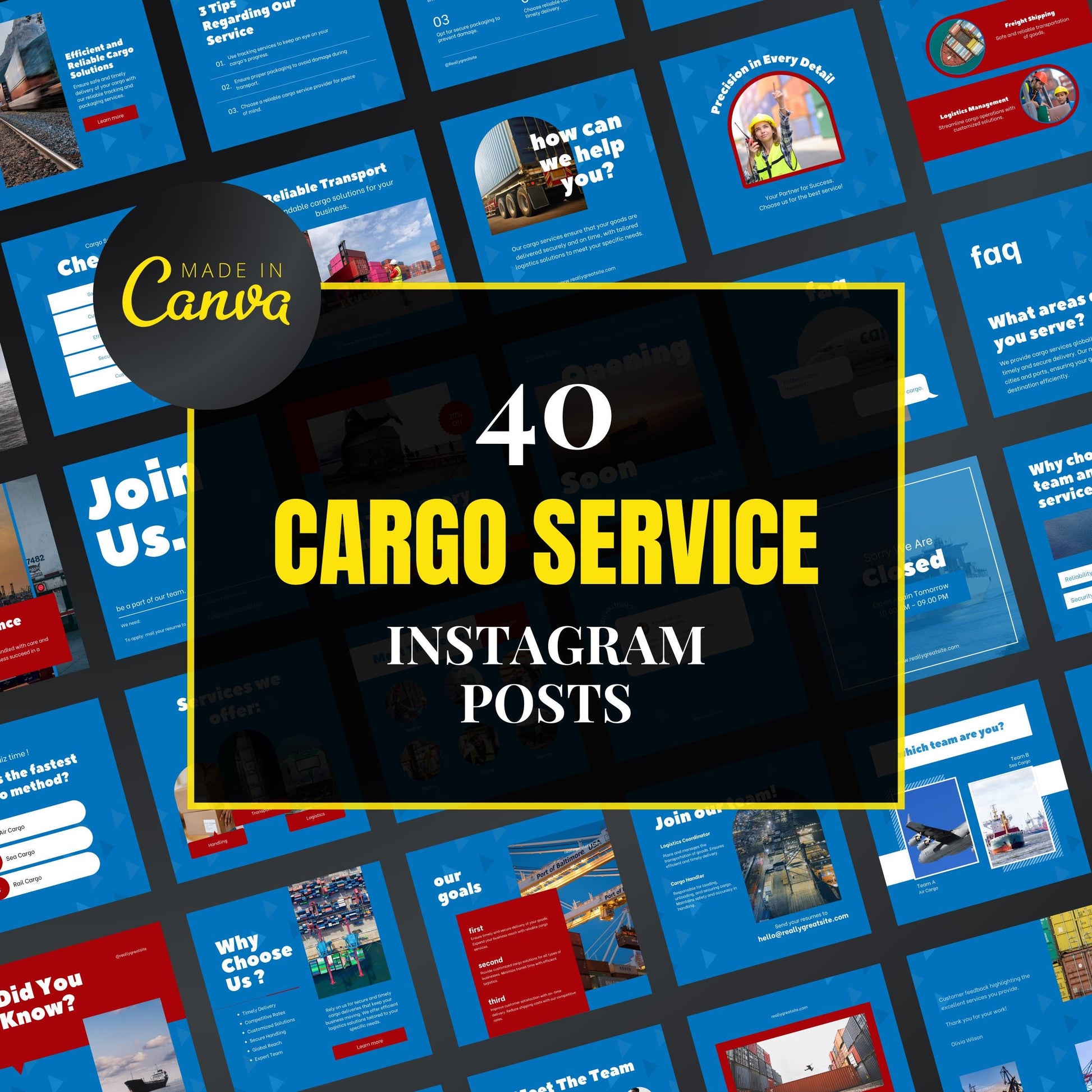 Promotional graphic for 40 cargo service Instagram posts with 'Made in Canva' branding.