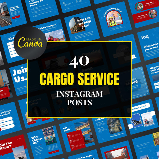 Promotional graphic for 40 cargo service Instagram posts with 'Made in Canva' branding.